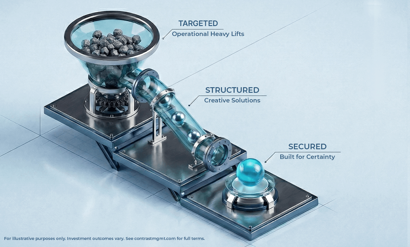 Contrast's deal filtration process. The graphic depicts a gravity-fed refinery transforming "100 Targeted" raw opportunities into "3 Structured" deals using creative solutions, resulting in "1 Secured" operational asset built for certainty.
